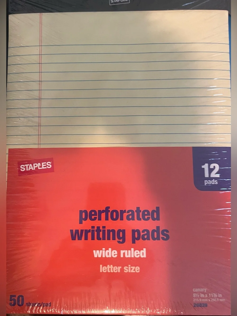 Staples writing tablets. 12 pack, 50 sheets per pack. New in plastic.